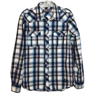 Petrol Industries Mens XL Plaid Pearl Snap Western Shirt Blue Moto Graphic Back